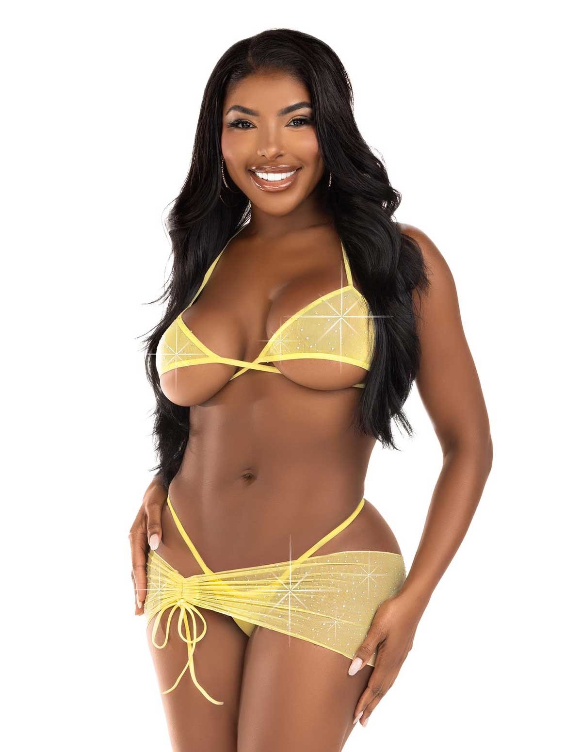 alternate image for 3Pc Yellow Rhinestone Bra Top And G-String With Sarong