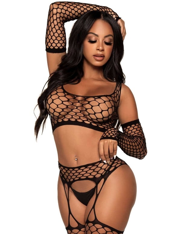3Pc Black Net Crop Top And Garter Stockings With Gloves default view Color: BK