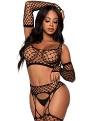 Front view of 3PC BLACK NET CROP TOP AND GARTER STOCKINGS WITH GLOVES