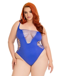 Front view of ROYAL BLUE SHREDDED RACER BACK PLUS SIZE TEDDY
