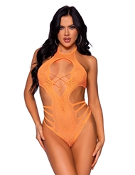 Front view of ORANGE LACE CUT-OUT STRAPPY TEDDY