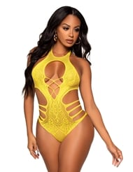 Front view of YELLOW LACE CUT-OUT STRAPPY TEDDY