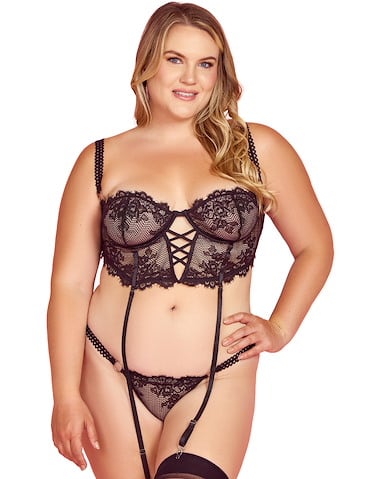 RILEY BLACK GARTER PLUS SIZE BUSTIER SET - 34118X-BLK-04148