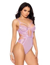 Front view of VIOLET LACE AND MESH TEDDY