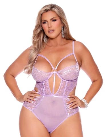 VIOLET LACE AND MESH PLUS SIZE TEDDY - 77181X-04021