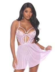 Front view of VIOLET LACE AND MESH BABYDOLL