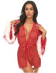 Front view of HOLIDAY HONEY SHEER MESH ROBE WITH MARABOU TRIM