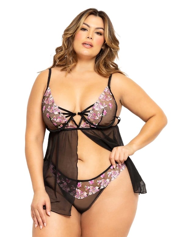 Hibiscus Embroidered Plus Size Babydoll default view Color: BK