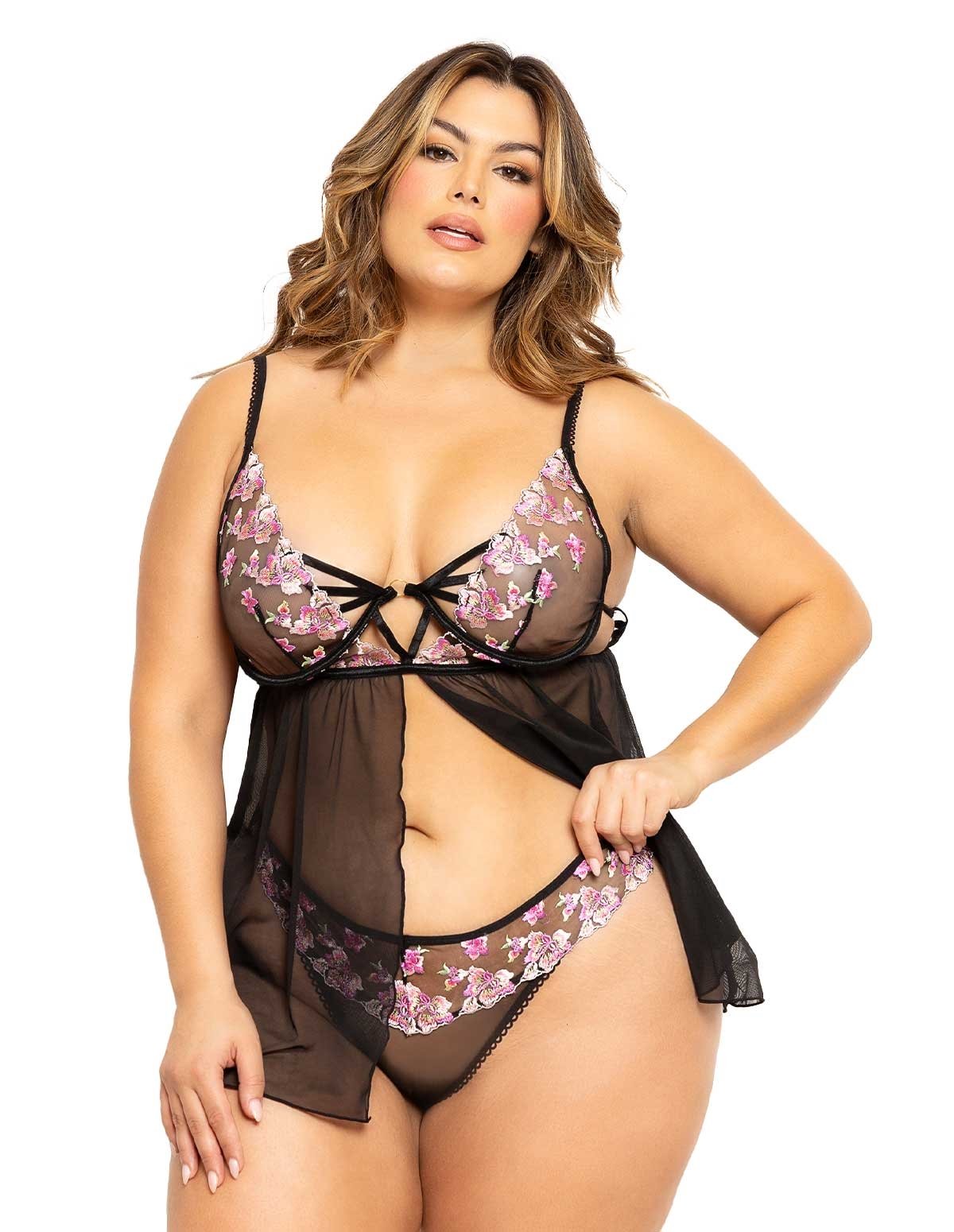 alternate image for Hibiscus Embroidered Plus Size Babydoll
