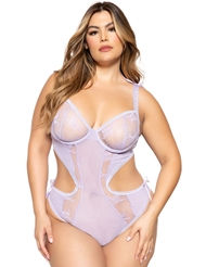 Front view of DITSY LAVENDER LACE PLUS SIZE TEDDY