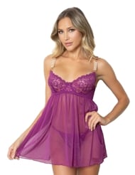 Front view of MARGARET PURPLE BABYDOLL WITH PEARL DETAIL
