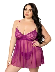 Front view of MARGARET PURPLE PLUS SIZE BABYDOLL WITH PEARL DETAIL