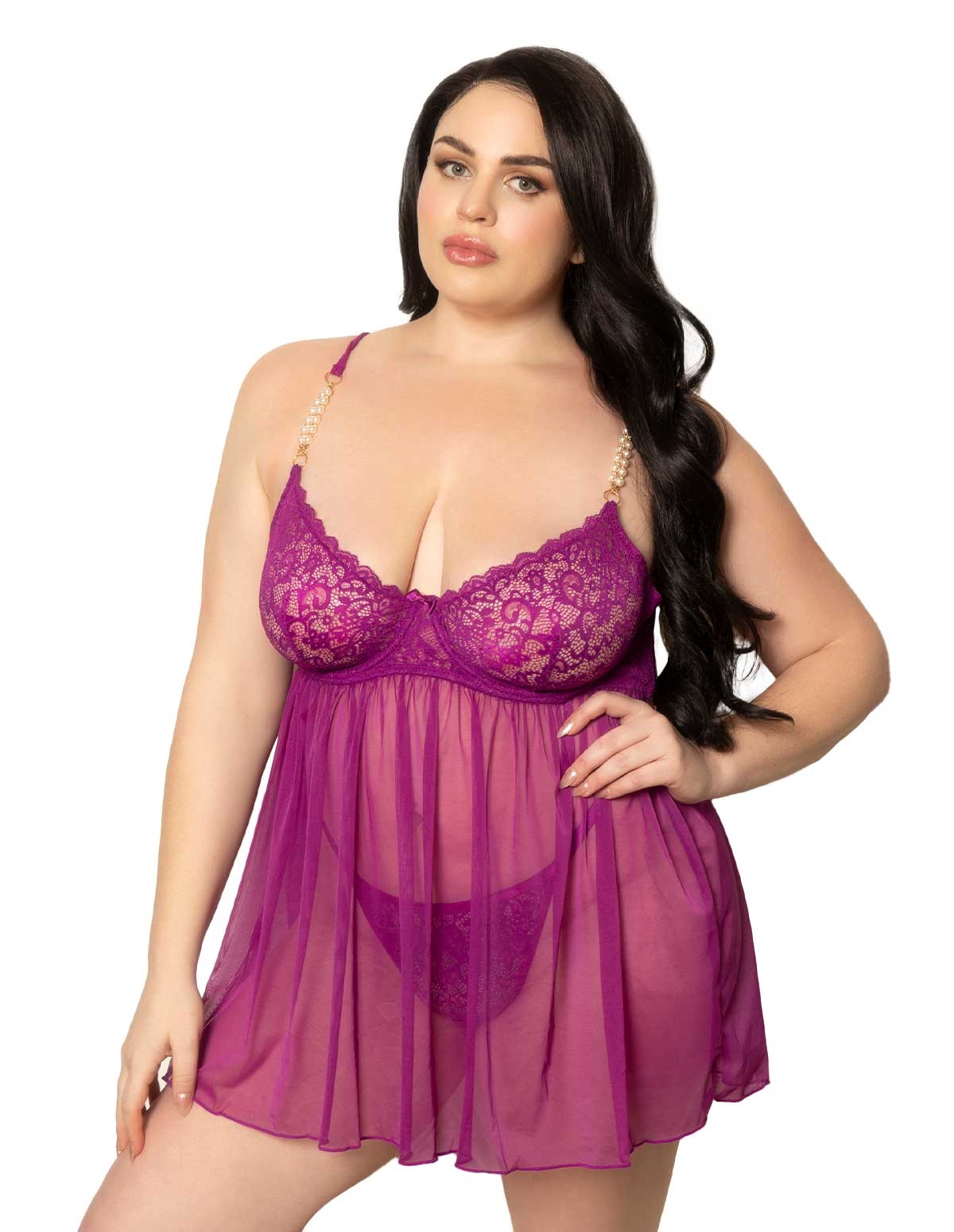 alternate image for Margaret Purple Plus Size Babydoll With Pearl Detail