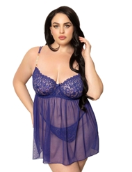 Front view of MARGARET NAVY PLUS SIZE BABYDOLL WITH PEARL DETAIL