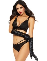 Front view of BLACK LAMÉ ELBOW LENGTH GLOVES WITH LACE-UP DETAIL