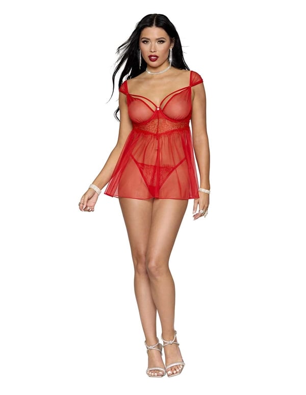 Ruby Lace And Mesh Babydoll ALT2 view Color: RD