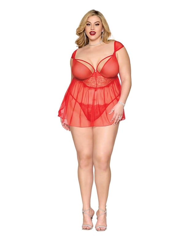 Ruby Lace And Mesh Plus Size Babydoll ALT2 view Color: RD