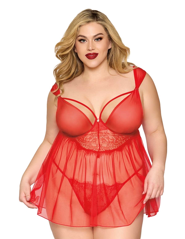 Ruby Lace And Mesh Plus Size Babydoll default view Color: RD