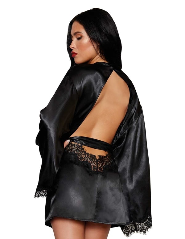 Tessa Open Back Black Satin Robe ALT1 view Color: BK