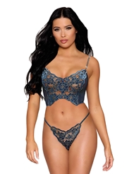Front view of VELVET VENISE APPLIQUE BUSTIER AND G-STRING