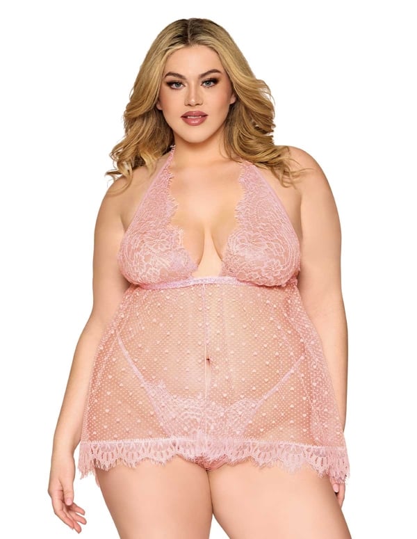Flocked Heart And Mesh Plus Size Babydoll With Rhinestone Detail default view Color: RS