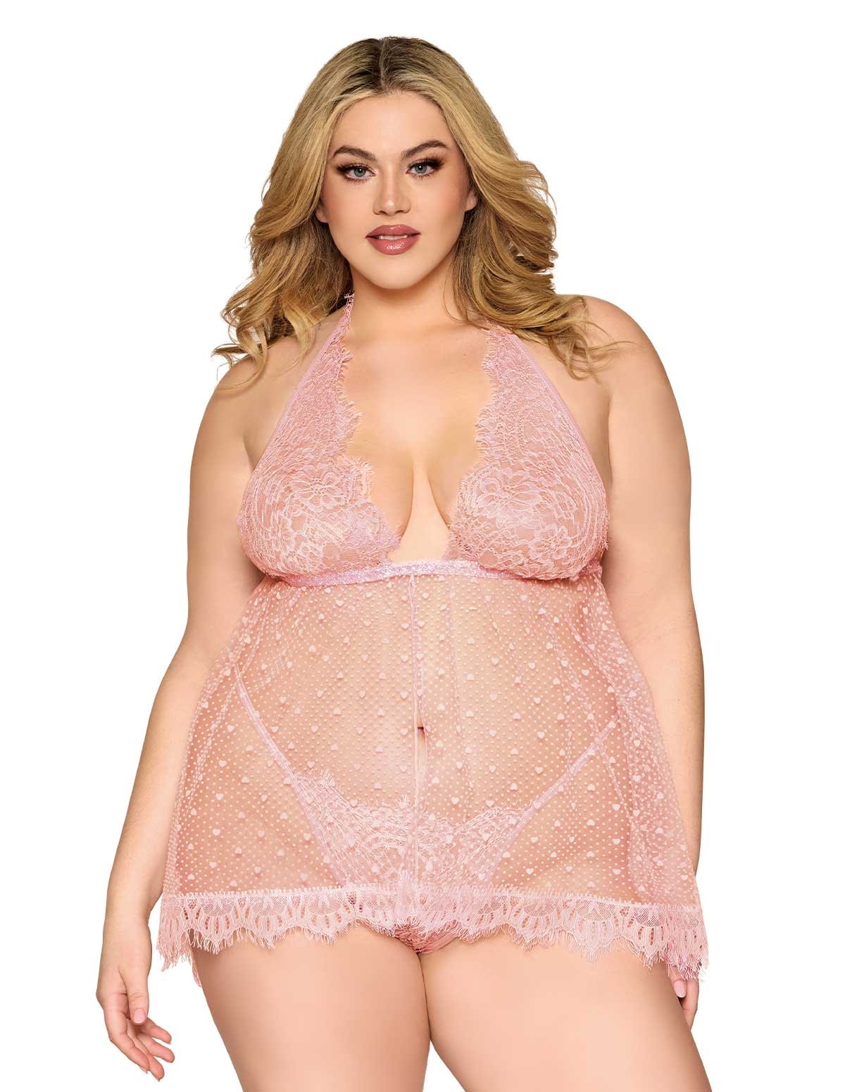 alternate image for Flocked Heart And Mesh Plus Size Babydoll With Rhinestone Detail