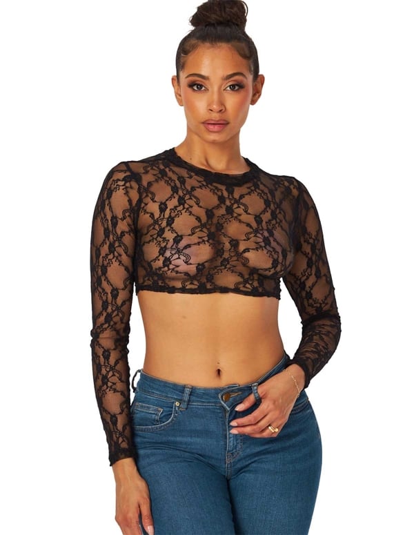 Stay Unbothered Lace Long Sleeve Crop Top default view Color: BK