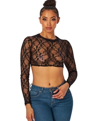 Front view of STAY UNBOTHERED LACE LONG SLEEVE CROP TOP