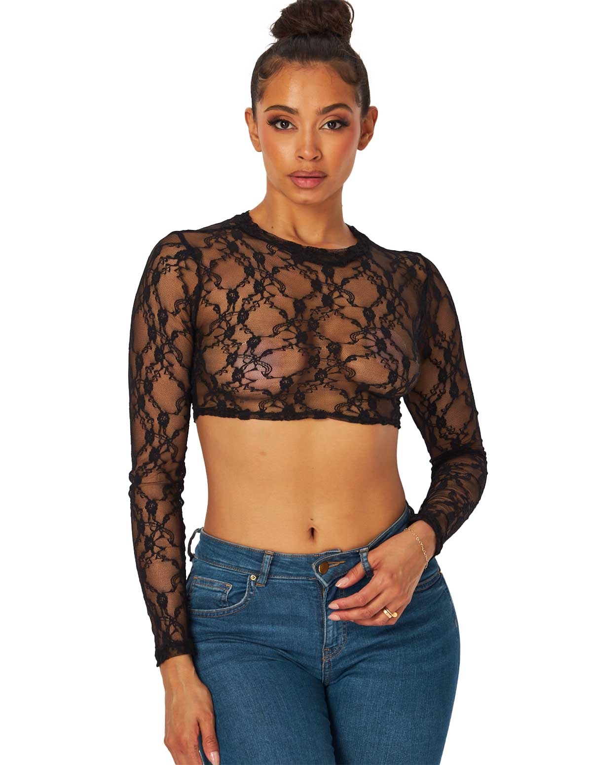 alternate image for Stay Unbothered Lace Long Sleeve Crop Top