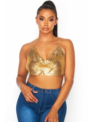 Front view of LUCIA CHAIN MAIL COWL NECK CROP TOP