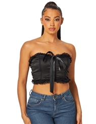 Front view of HILARY LACE FRILL TRIM BLACK SATIN CROP TOP