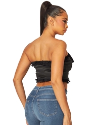 Additional ALT1 view of product HILARY LACE FRILL TRIM BLACK SATIN CROP TOP with color code B