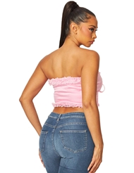 Alternate back view of HILARY LACE FRILL TRIM PINK SATIN CROP TOP