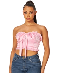 Front view of HILARY LACE FRILL TRIM SATIN CROP TOP