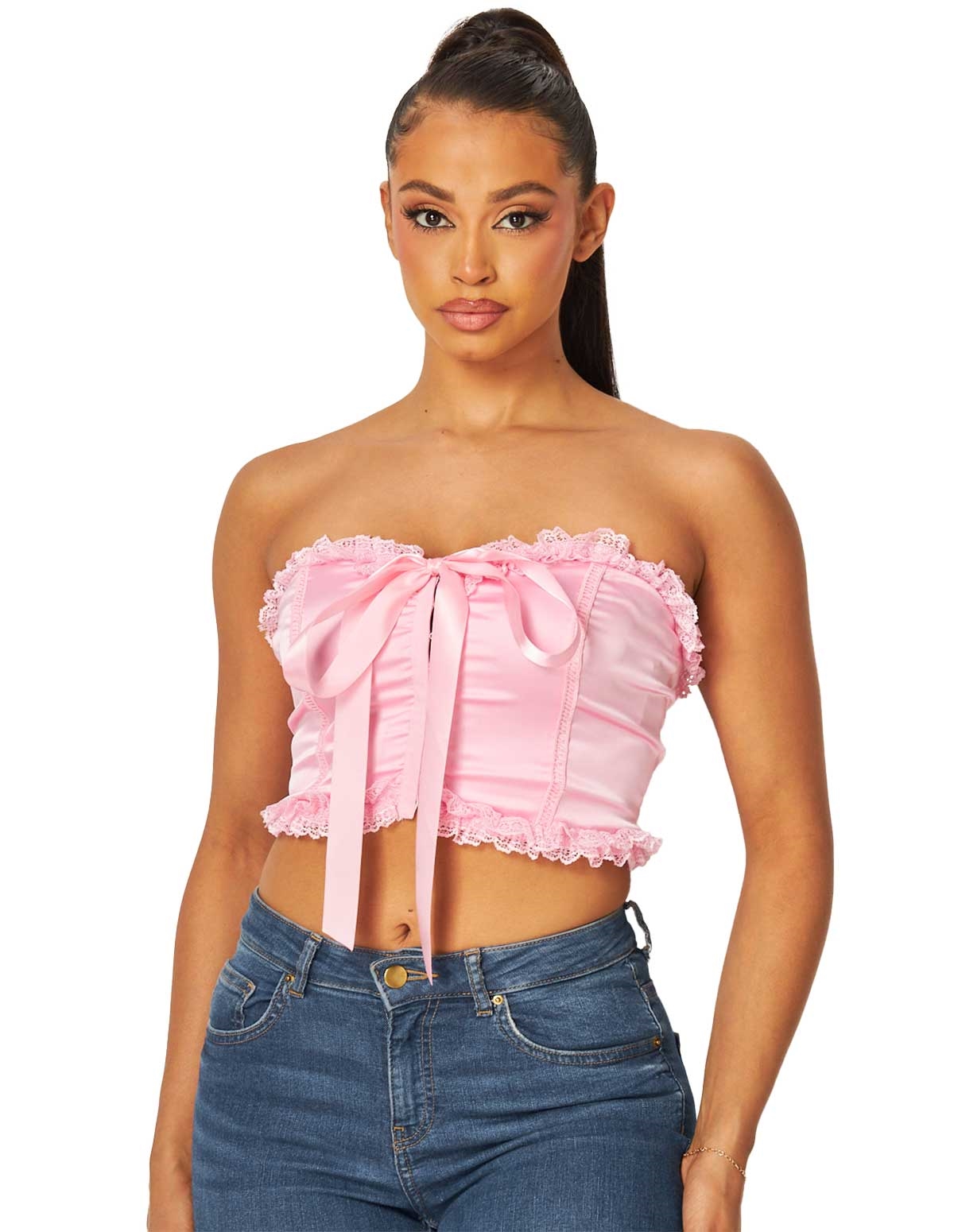 alternate image for Hilary Lace Frill Trim Pink Satin Crop Top