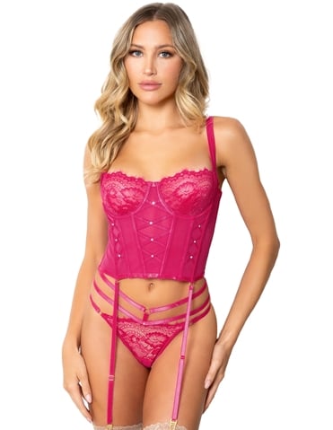 CECILIA PINK BUSTIER AND PANTY WITH RHINESTONE DETAIL - 11584-FUC-06000