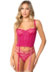 Front view of CECILIA PINK BUSTIER AND PANTY WITH RHINESTONE DETAIL