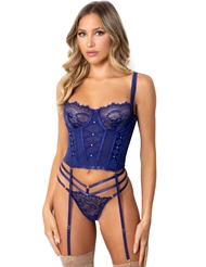 Front view of CECILIA NAVY BUSTIER AND PANTY WITH RHINESTONE DETAIL
