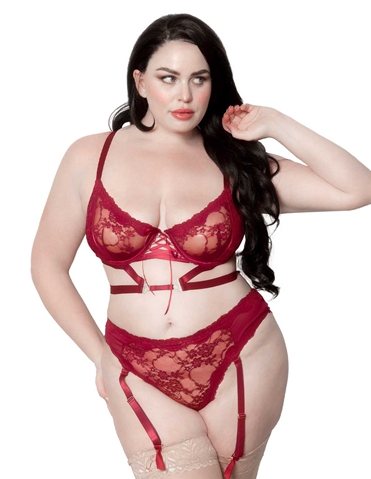 FLORA 2PC WINE PLUS SIZE BRA AND PANTY WITH REMOVABLE GARTERS - 11607X-WN-06000