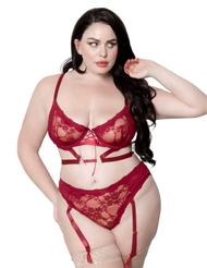 Front view of FLORA 2PC WINE PLUS SIZE BRA AND PANTY WITH REMOVABLE GARTERS