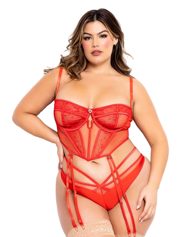 Hana Cropped Plus Size Bustier With Garters And Panty ALT2 view Color: RD