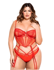 Front view of HANA CROPPED PLUS SIZE BUSTIER WITH GARTERS AND PANTY