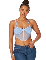 Front view of CROPPED BLUE BUSTIER TOP