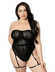 Front view of STRAPLESS BLACK FISHNET PLUS SIZE TEDDY