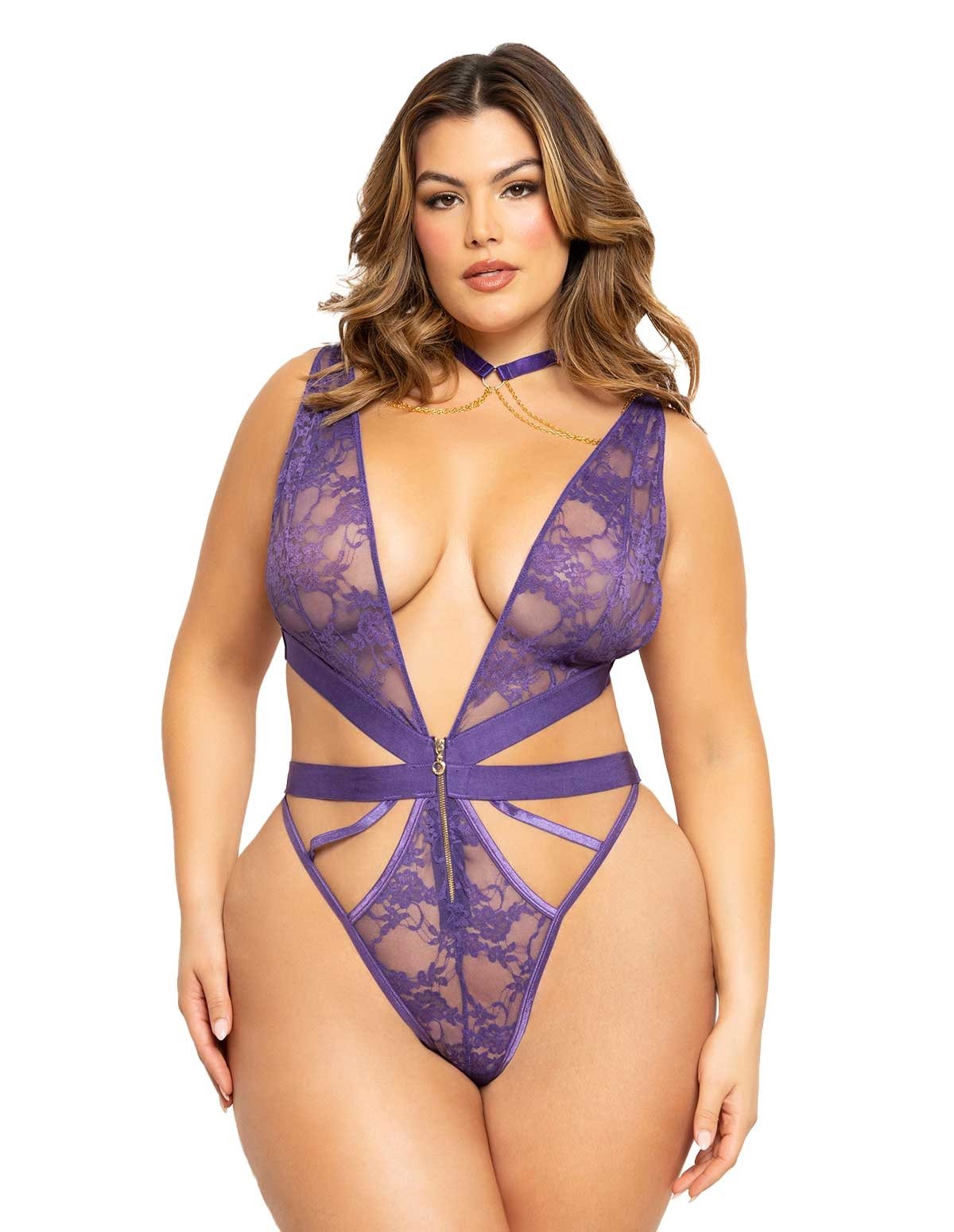 alternate image for Strappy Plus Size Teddy With Zipper Front