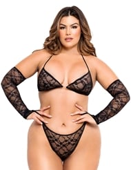Front view of DIANA BLACK PLUS SIZE BRA AND THONG SET WITH GLOVES