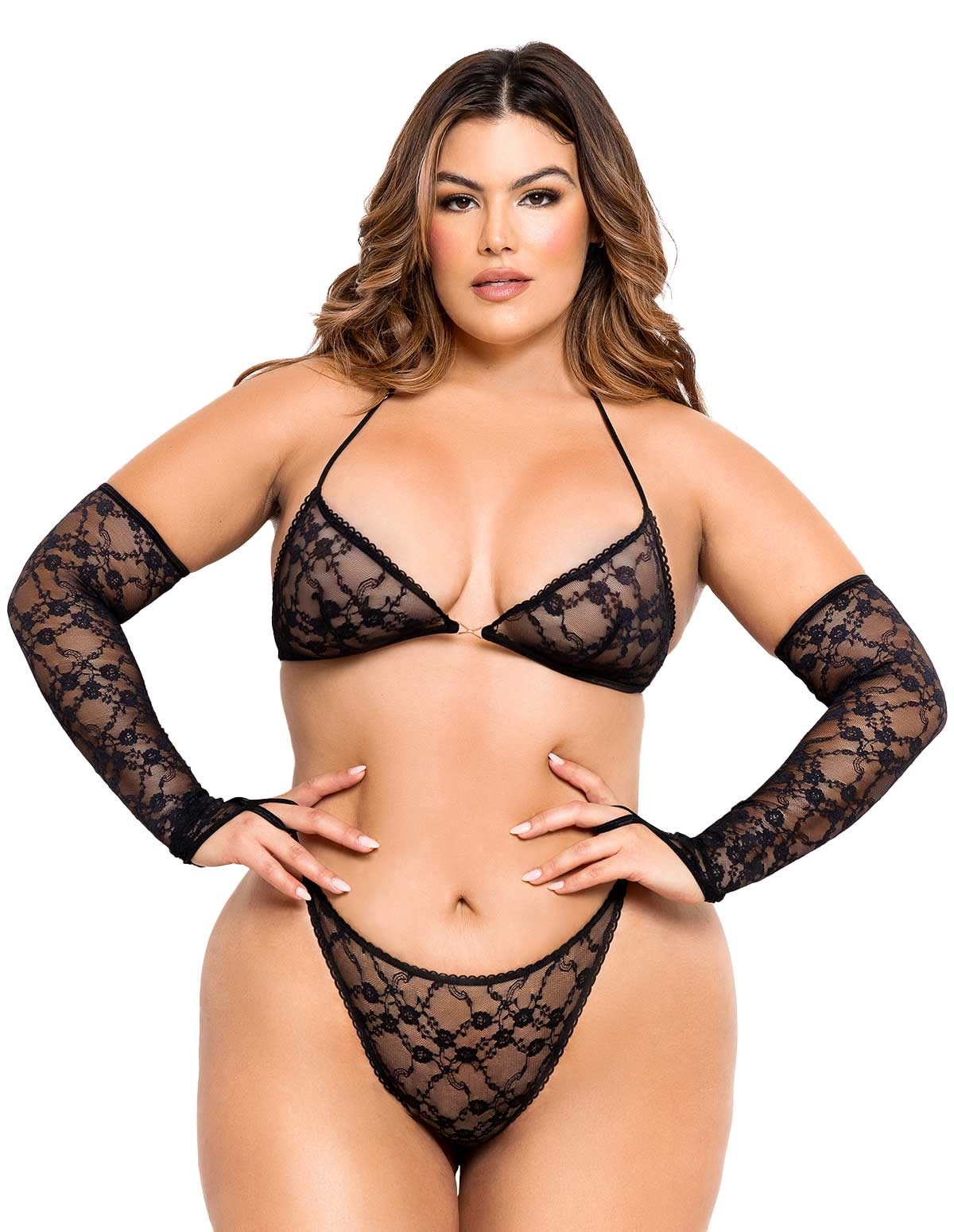 alternate image for Diana Black Plus Size Bra And Thong Set With Gloves