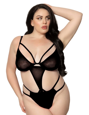 BLACK LYRA LAMÉ AND FISHNET PLUS SIZE TEDDY - 11639XP-BLK-06000