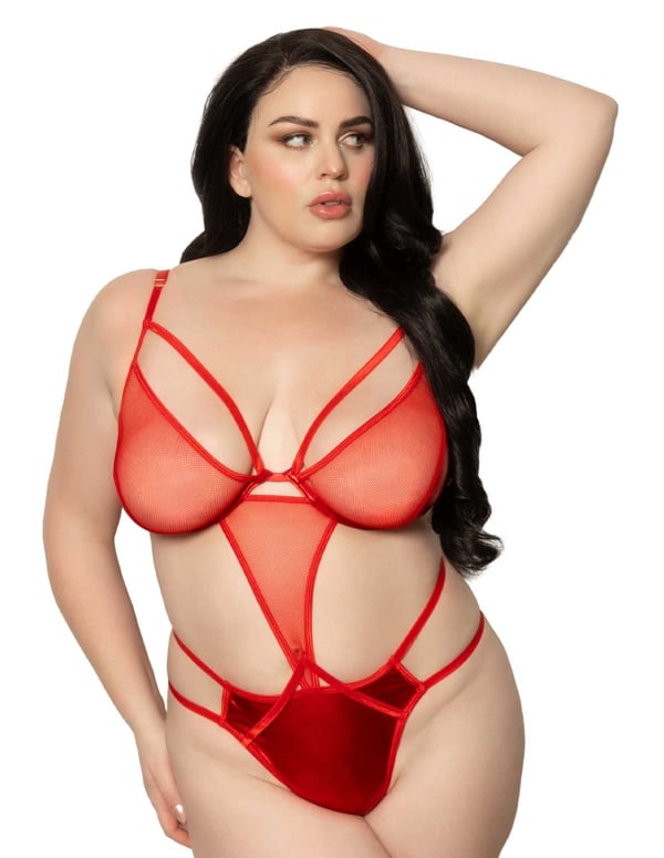 Red Lyra Lamé And Fishnet Plus Size Teddy default view Color: RD