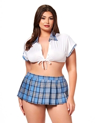 Front view of 3PC PLUS SIZE SCHOOL GIRL BLUE TIE FRONT TOP AND SKIRT WITH G-STRING